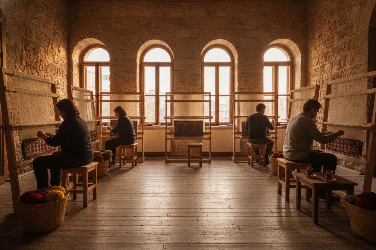 Karaköy atölyesinde yan yana dizilmiş ahşap halı tezgâhları ve akşam ışığında çalışan eller