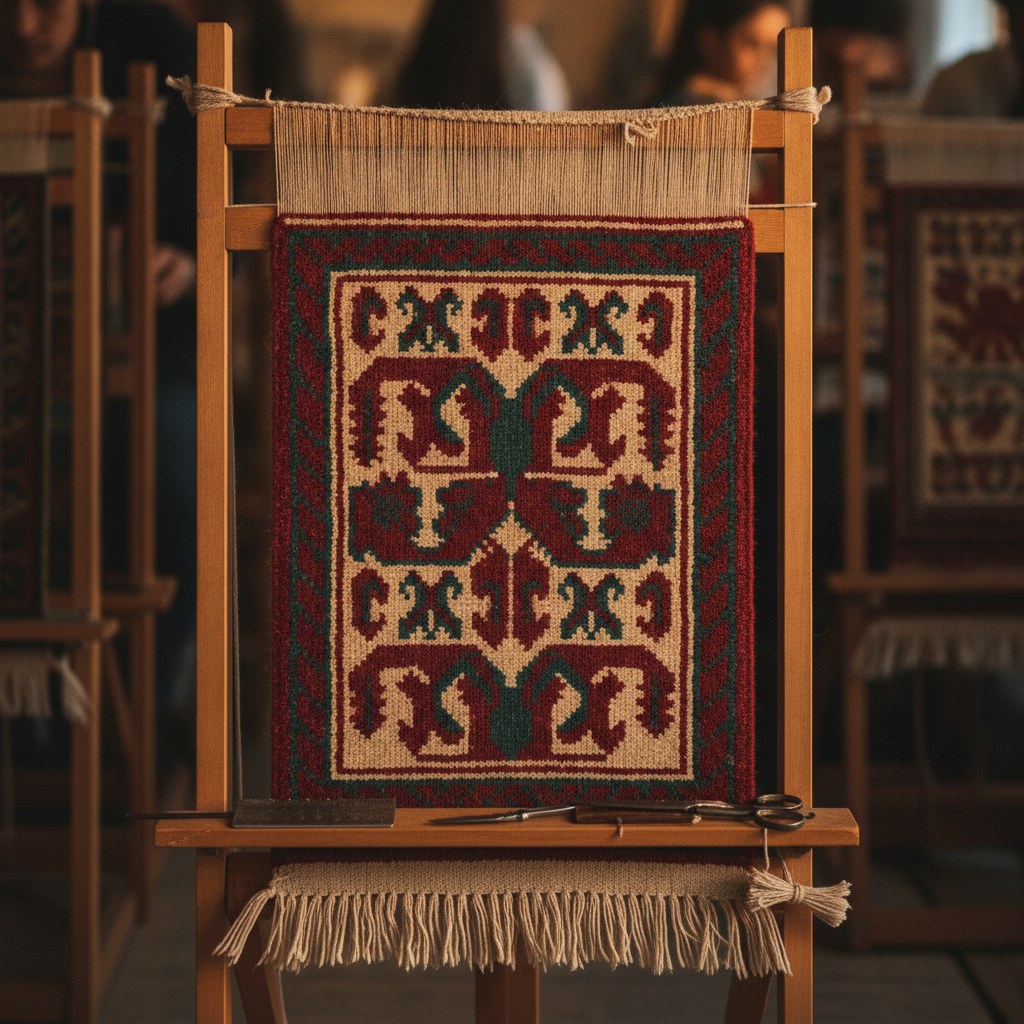 Bir katılımcının tezgâhında tamamlanmaya yakın 30×45 cm halı; koçboynuzu motifi ve bağlanmış saçaklar